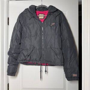 Hollister Charcoal Puffer Jacket with Fuchsia Lining